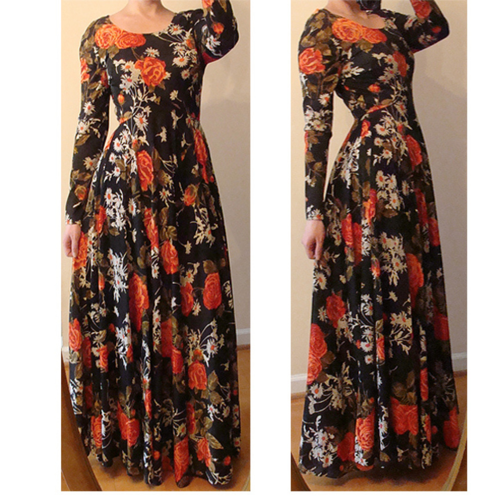 True VINTAGE black moody dark romantic floral flower black maxi dress aprox S